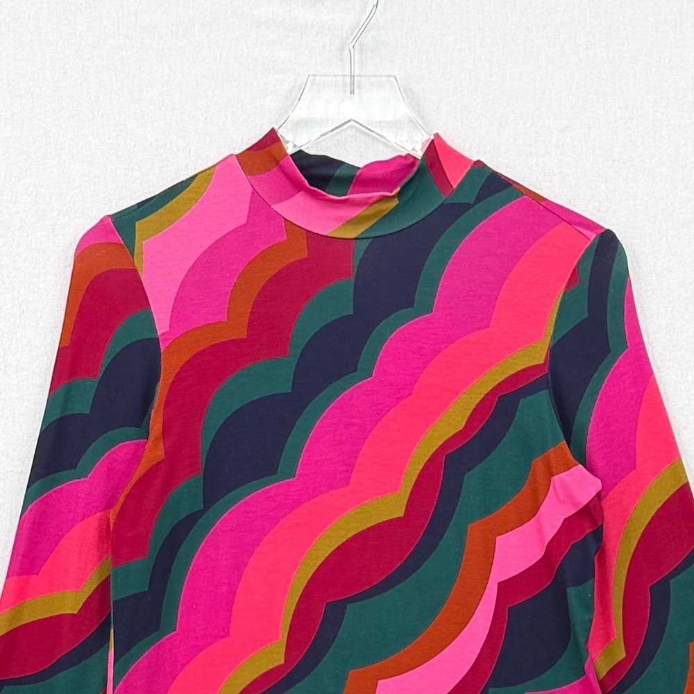 TRINA TURK Pierce Top Womens Small Pink Multi Scallop Wave Long Sleeve Mock Neck - Picture 4 of 13